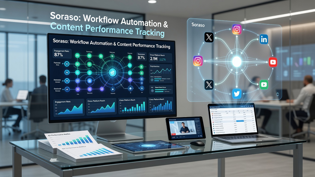 Overview of Soraso platform connecting automated workflows with multi-platform content analytics dashboards